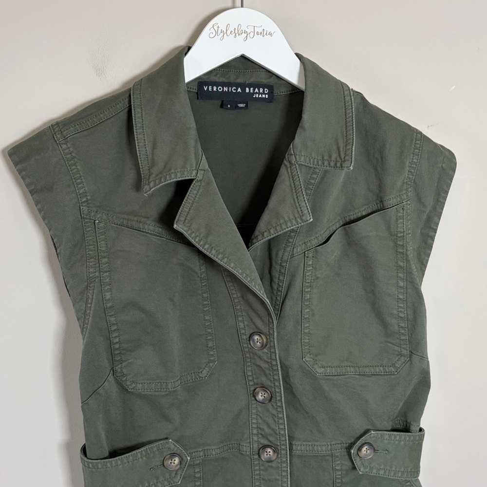 Veronica Beard Jax Dress Army Green Shirtdress Cap Sleeve Mini Cargo Sz 8 - Picture 6 of 16